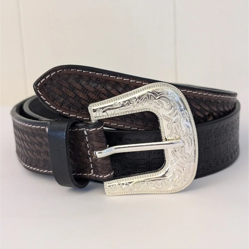American Bison Mens Large Leather Belt Brown Black Two Tone Western Cowboy 100%